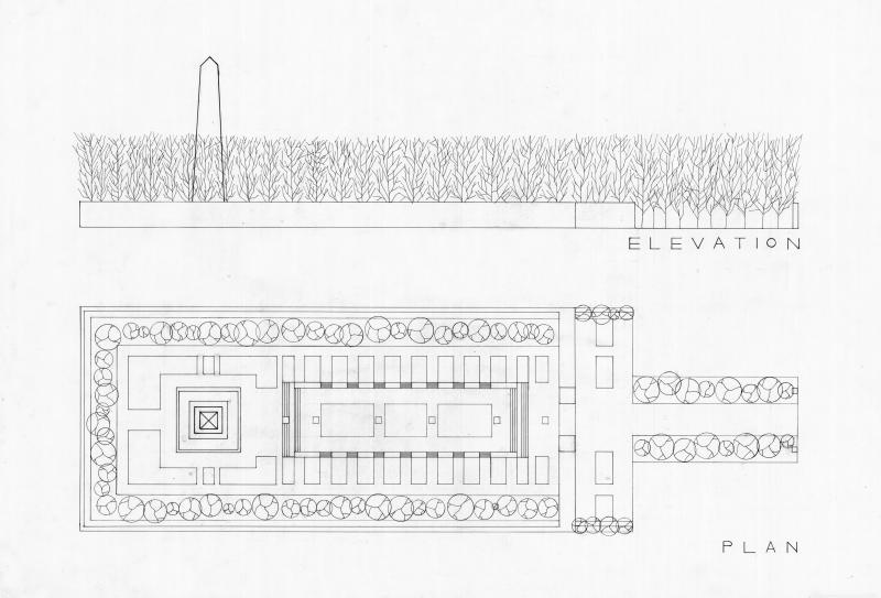 A technical drawing (scale 1:500) that shows the elevation and the plan of a memorial park in Berlin, which was a site chosen from a specific movie (The Lives of Others)
